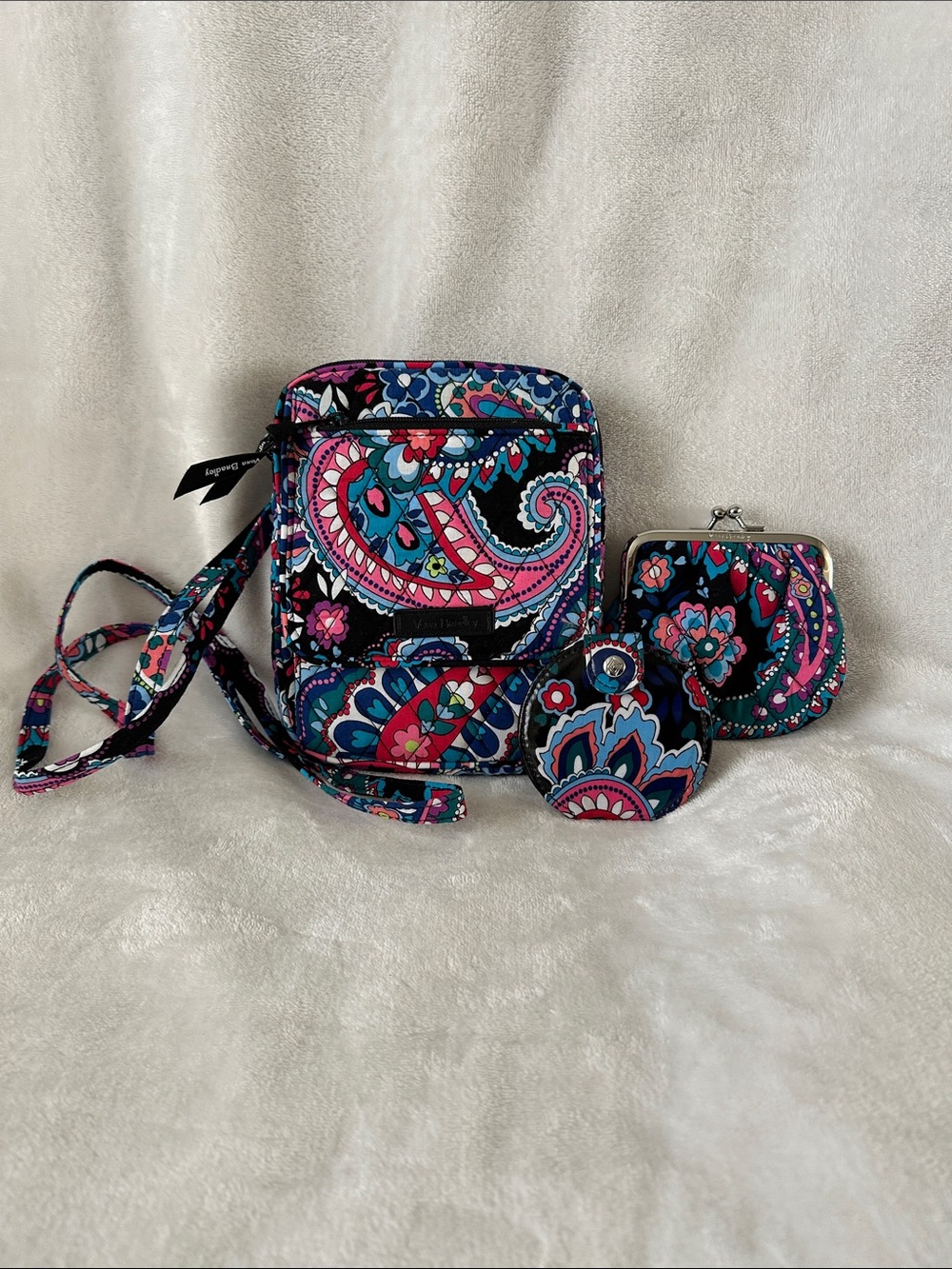Vera Bradley Pink, Blue & Black Paisley Crossbody with Wallet and compact mirror